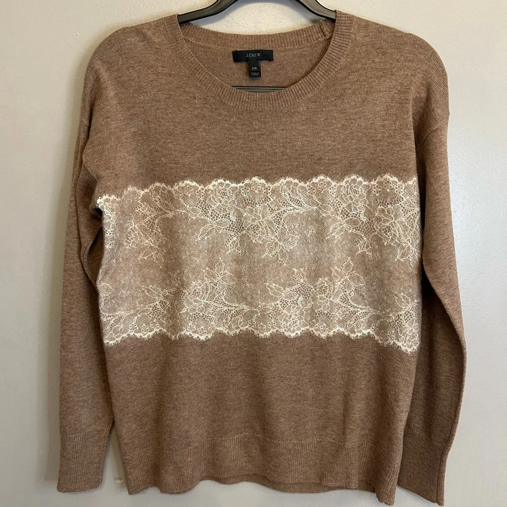 NWOT J. CREW Needle Punch Lace Wool Blend Crewneck Sweater brown cream size XXS